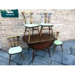 AN ERCOL DROP-LEAF CIRCULAR TABLE 113cm diameter, together with matching set of four dining chairs