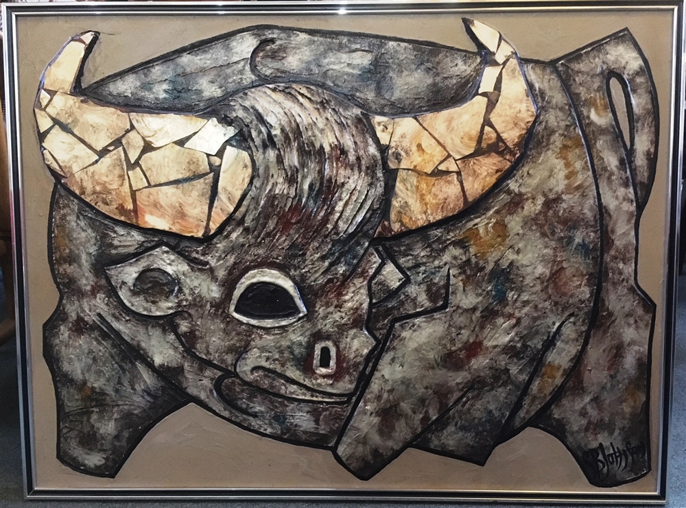 S B JOHNSON: MIXED MEDIA COMPOSITION OF A STYLISED BULL Signed lower left, labelled verso, 60cm x