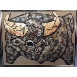 S B JOHNSON: MIXED MEDIA COMPOSITION OF A STYLISED BULL Signed lower left, labelled verso, 60cm x