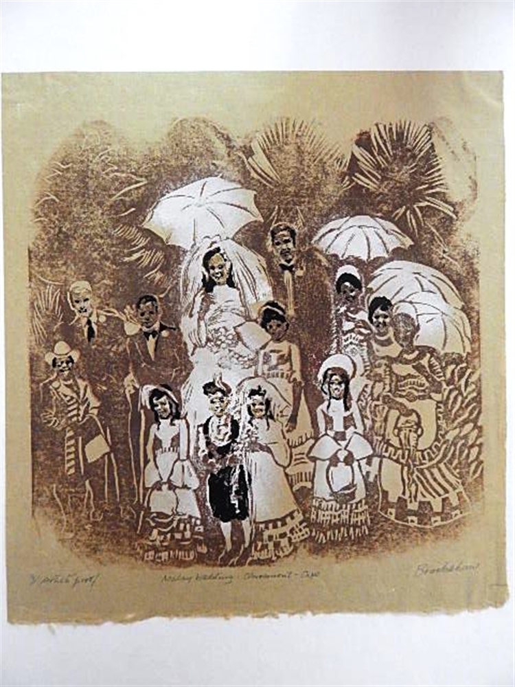 PERCY DRAKE BROOKSHAW (BRITISH, 1907 - 1993) 'Malay Wedding - Claremont - Cape' lino cut, signed and - Image 2 of 2
