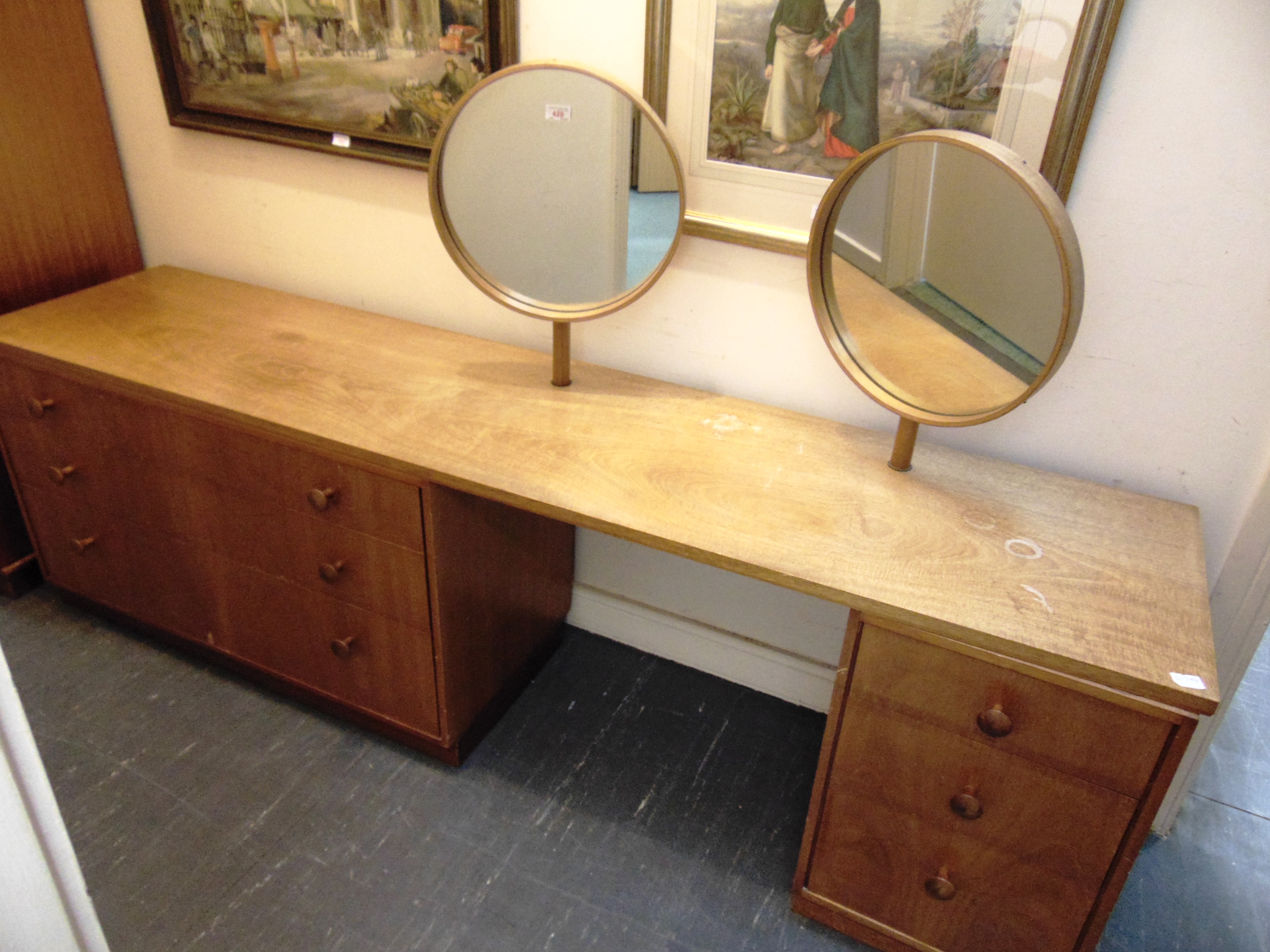 A 1960S DRESSING TABLE fitted with pair of swivelling circular mirrors, together with matching - Image 2 of 2