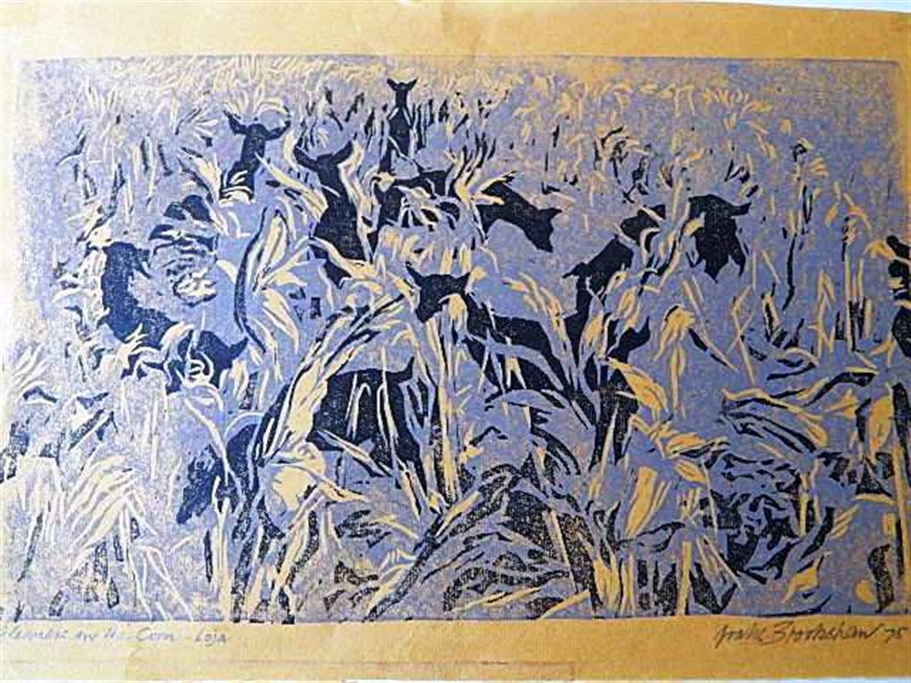 PERCY DRAKE BROOKSHAW (BRITISH, 1907 - 1993) 'Gleaners in the Corn - Loja' lino cut, signed and