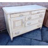 AN EDWARDIAN PAINTED SIDEBOARD fitted with an arrangement of five drawers (one a replacement) and