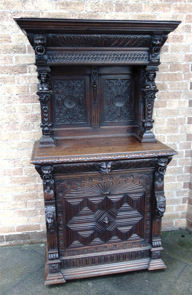 A VICTORIAN CARVED OAK SIDE CABINET the upper section with moulded frieze above female caryatid - Image 7 of 9