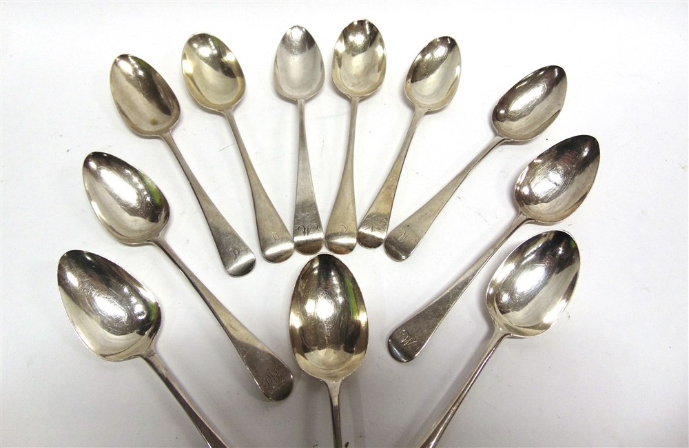 A COLLECTION OF ELEVEN SILVER OLD ENGLISH PATTEN TABLESPOONS various makers and dates, all antiques, - Image 2 of 2