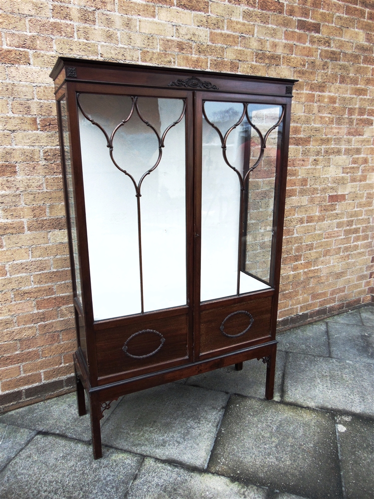 AN EDWARDIAN MAHOGANY DISPLAY CABINET fitted with two glass shelves, on square supports, 110cm