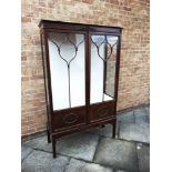 AN EDWARDIAN MAHOGANY DISPLAY CABINET fitted with two glass shelves, on square supports, 110cm