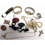 A SMALL COLLECTION OF COSTUME JEWELLERY and three ladies wrist watches