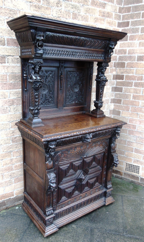 A VICTORIAN CARVED OAK SIDE CABINET the upper section with moulded frieze above female caryatid - Image 9 of 9
