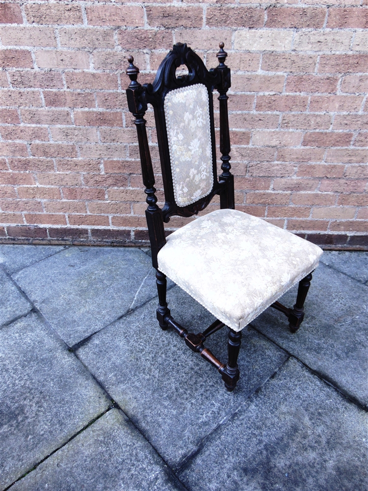 A SET OF SIX CARVED OAK DINING CHAIRS with upholstered seats and backs, on H-shape stretcher bases - Image 2 of 2