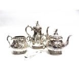 A VICTORIAN PLATED TEAPOT, COFFEE POT AND SUGAR BASIN with plated sugar tongs
