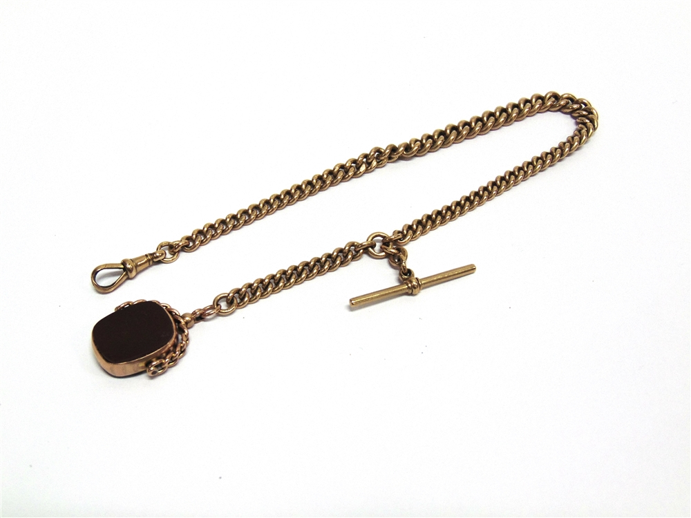 A 9 CARAT GOLD WATCH CHAIN of solid graduated curb links, 32cm long, with T bar and swivel, also a