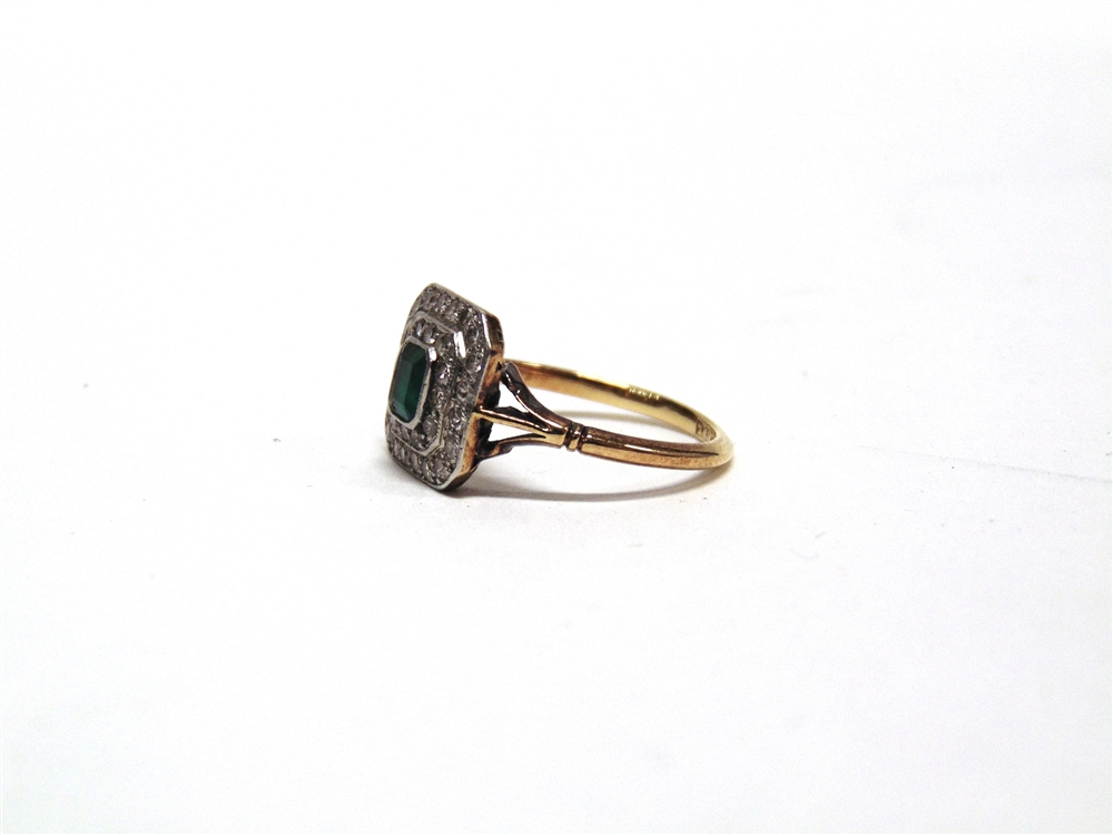 AN EMERALD AND DIAMOND CLUSTER PANEL RING stamped '18ct & Pt', the step cut measuring - Image 2 of 2