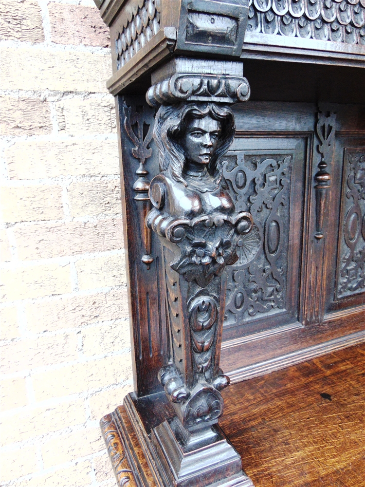 A VICTORIAN CARVED OAK SIDE CABINET the upper section with moulded frieze above female caryatid - Image 6 of 9