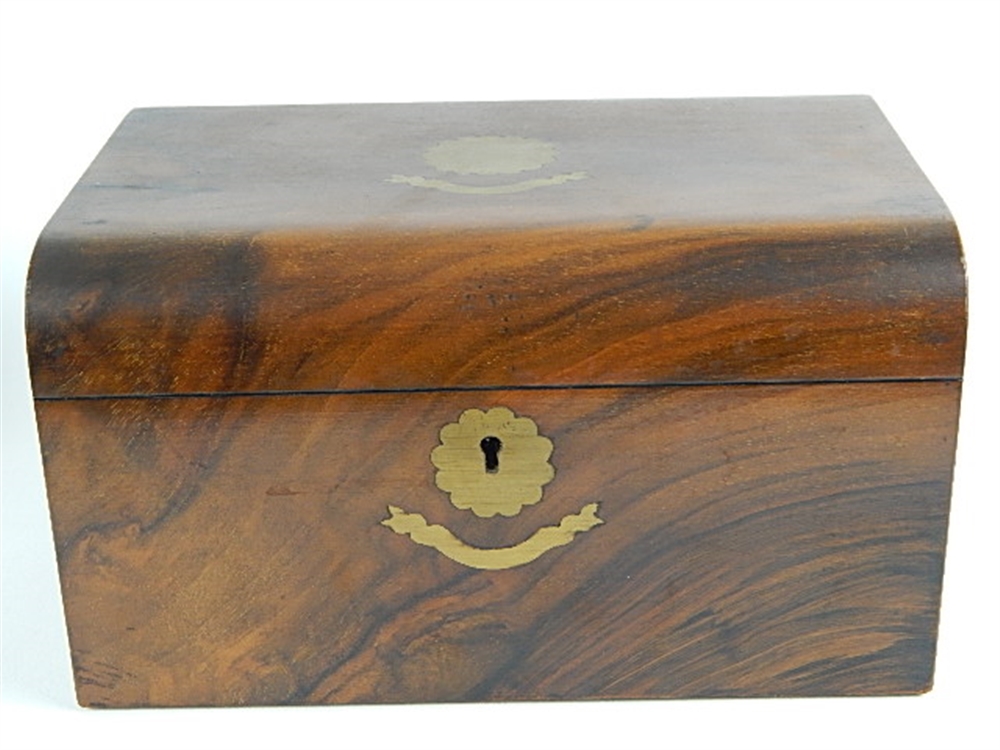 A VICTORIAN FIGURED WALNUT DOMED TOP TEA CADDY with gilt brass fittings in the Gothic style, 22cm - Image 3 of 3