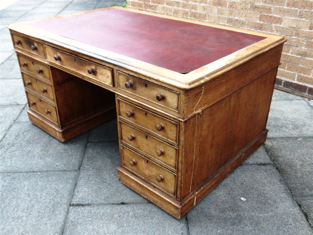 A VICTORIAN OAK PARTNERS DESK the rectangular top with three frieze drawers to each side, on - Image 3 of 9