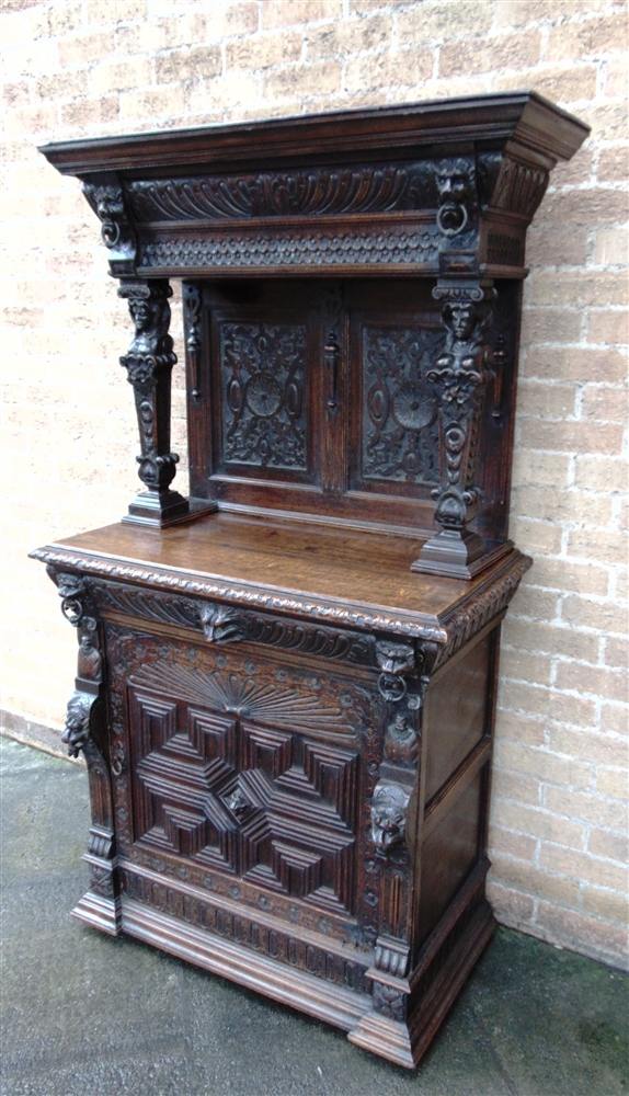 A VICTORIAN CARVED OAK SIDE CABINET the upper section with moulded frieze above female caryatid - Image 8 of 9