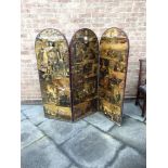 A VICTORIAN THREE LEAF SCREEN the arched panels 53cm wide 146cm high, decorated each side with