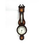 A MAHOGANY ANEROID BAROMETER/THERMOMETER inlaid with marquetry decoration, by Dollond London, 68cm