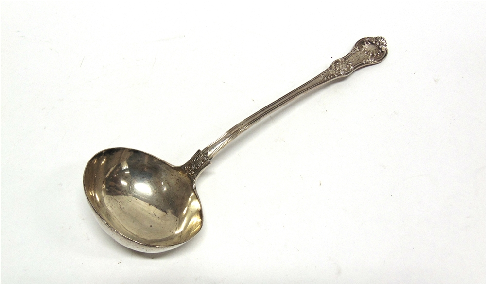 A VICTORIAN SILVER QUEENS PATTERN SOUP LADLE by George Adams, London 1865, double struck, 34cm long,