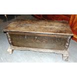 A SIX PLANK FRUITWOOD COFFER probably Continental 17th century and later, carved sledge feet,