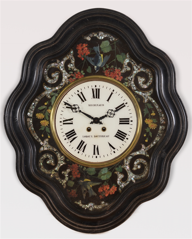 A FRENCH WALL CLOCK WITH 8-DAY MOVEMENT the enamel dial with Roman numerals inscribed 'Mechinaud