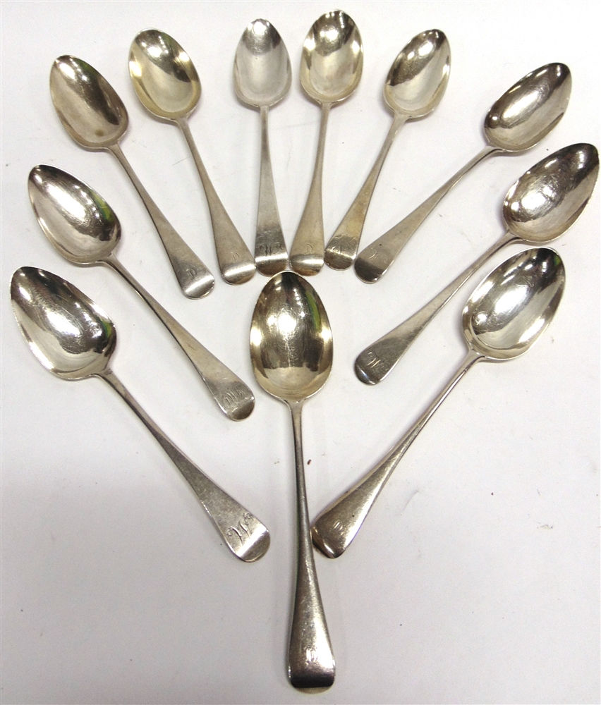 A COLLECTION OF ELEVEN SILVER OLD ENGLISH PATTEN TABLESPOONS various makers and dates, all antiques,