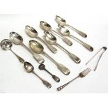 A COLLECTION OF SEVEN SILVER FIDDLE PATTERN TABLESPOONS various makers and dates, all antique,