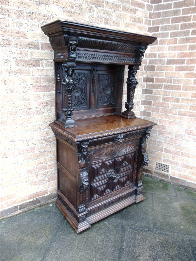 A VICTORIAN CARVED OAK SIDE CABINET the upper section with moulded frieze above female caryatid - Image 4 of 9