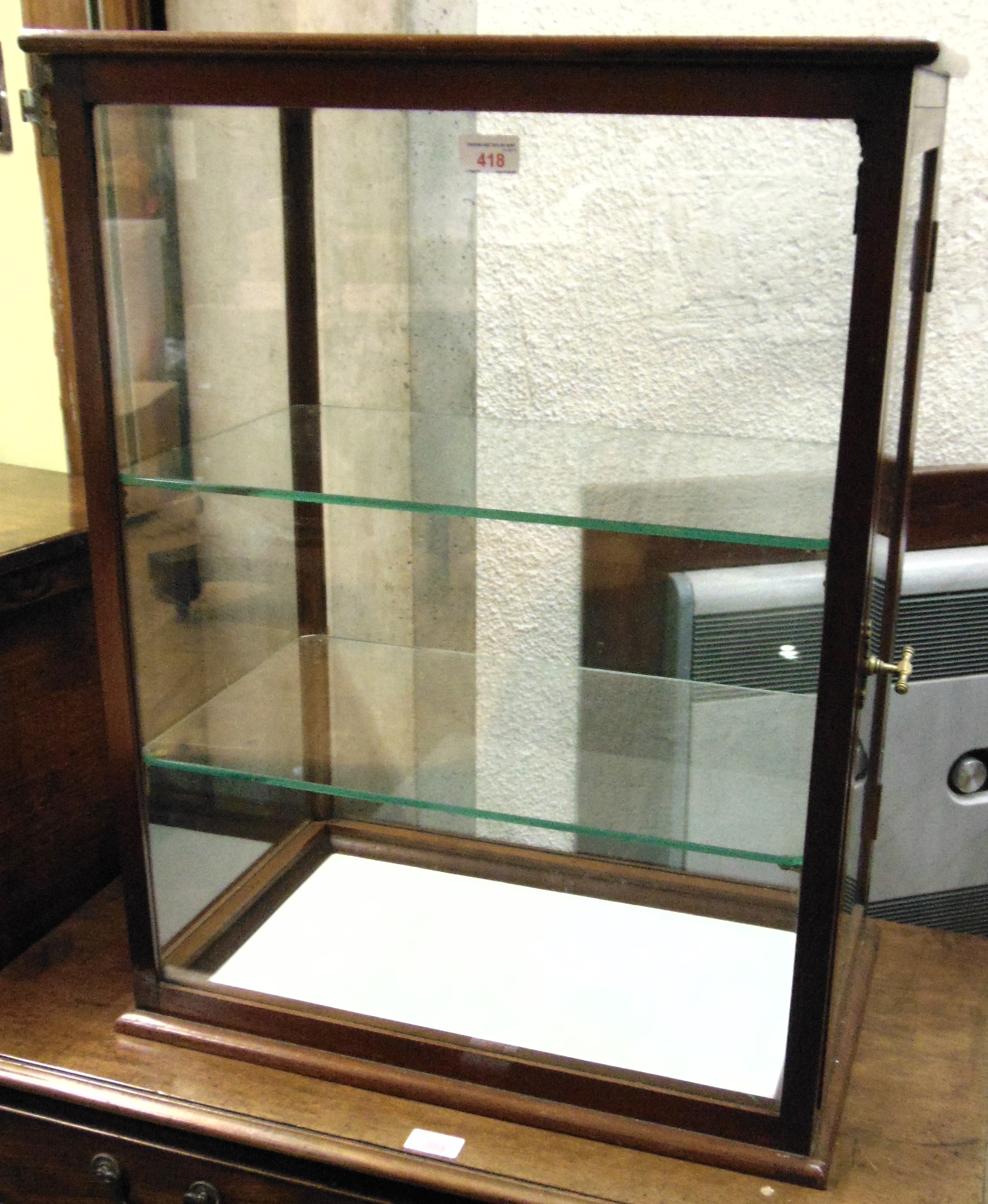 A MAHOGANY FRAMED TABLE TOP DISPLAY CABINET with two internal glass shelves, 56cm x 35cm, 72cm high