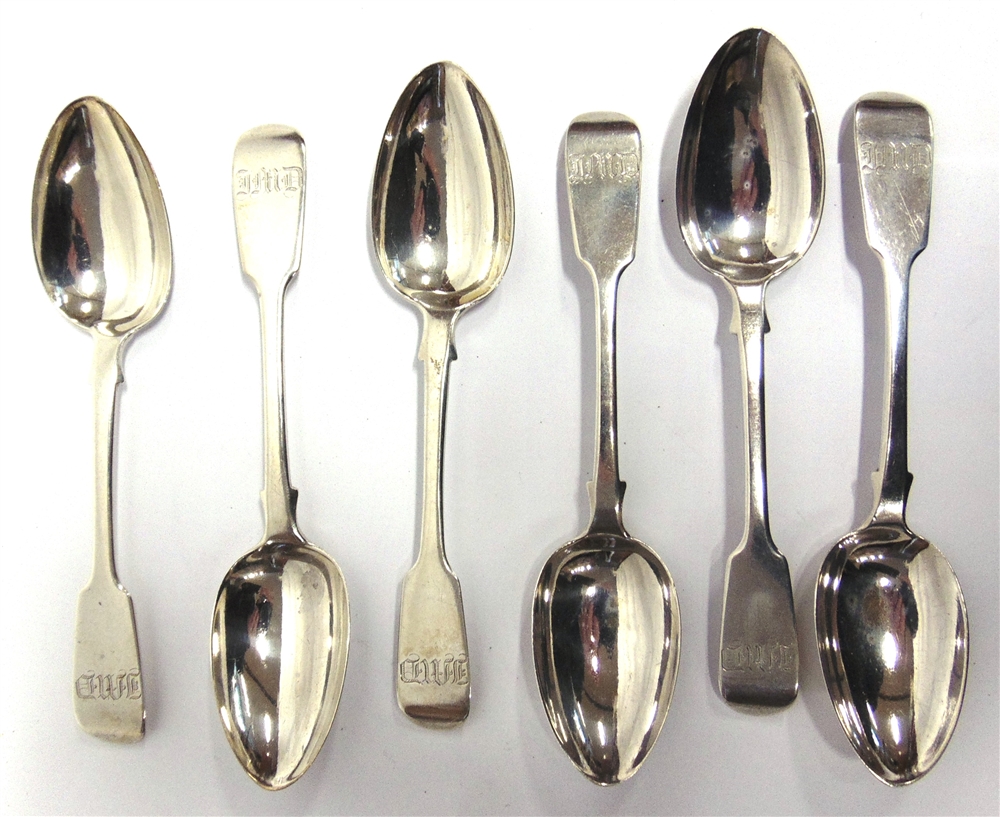 A SET OF SIX VICTORIAN SILVER FIDDLE PATTERN DESSERT SPOONS by William Eley, London 1844,