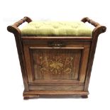 AN EDWARDIAN PIANO STOOL with button upholstered seat and marquetry decoration to the fall front, on