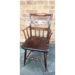 A STAINED BEECH WINDSOR ARMCHAIR with bar back, shaped and pierced horizontal splat, on turned