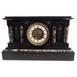 A LARGE LATE VICTORIAN SLATE & MARBLE MANTEL CLOCK with visible escapement, the 8-day movement