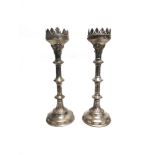 A LARGE PAIR OF ECCLESIASTICAL STYLE CANDLESTICKS 50cm high