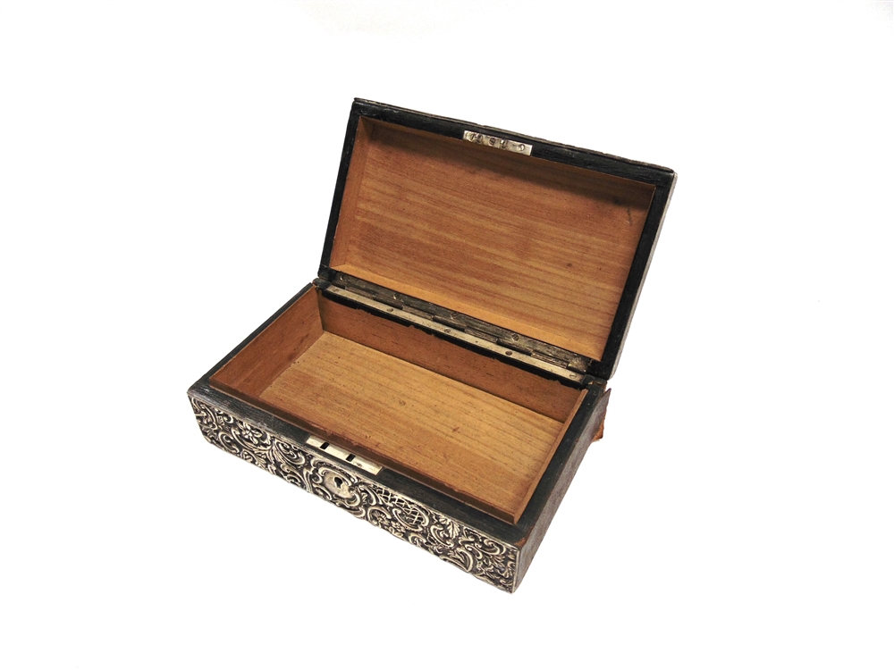 A SILVER CLAD LEATHER BOUND WOODEN BOX by H. Matthews, Birmingham 1896, the lid and front applied - Image 2 of 2