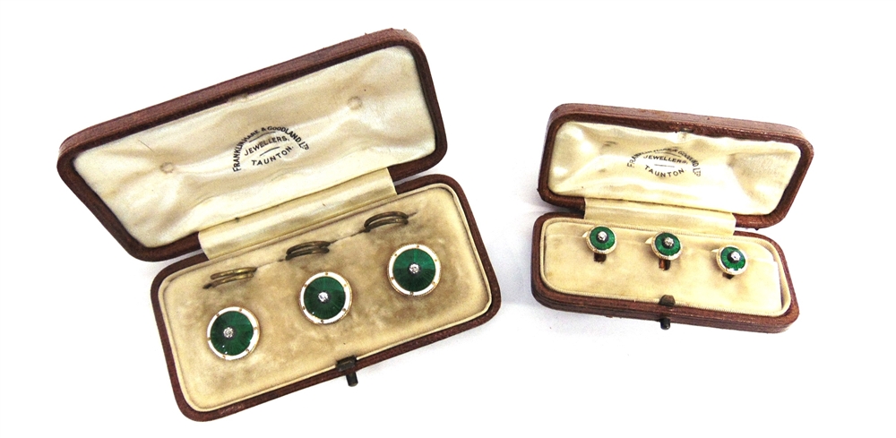 A SET OF THREE DIAMOND AND ENAMEL DRESS BUTTONS the small silver collet set old brilliant cut