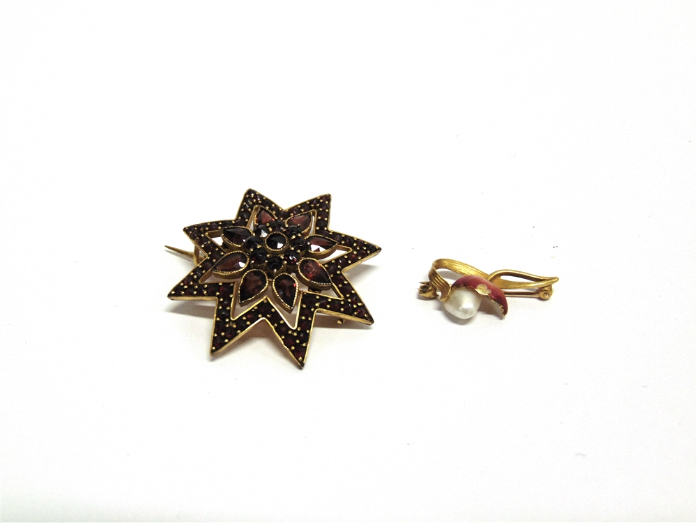 A BOHEMIAN GARNET STARBURST BROOCH 3.7cm across; with a small freshwater pearl and enamel brooch,