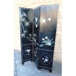 A THREE LEAF LACQUER SCREEN decorated with flying birds and foliage, each leaf 40cm wide 84cm high