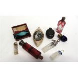 A COLLECTION OF EIGHT SCENT BOTTLES/FLASKS including a late 18th Century pottery flask with a