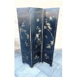 A THREE LEAF LACQUER SCREEN decorated with flying birds and foliage, each leaf 40cm wide 84cm high