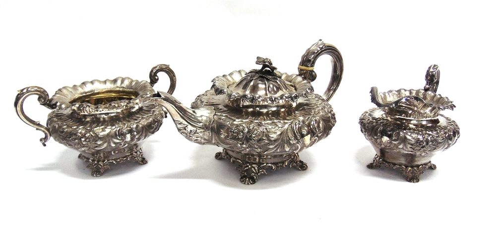 A WILLIAM IV SILVER THREE PIECE TEA SERVICE by Charles Fox II, London 18??, of compressed round