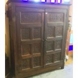 A PANELLED OAK CUPBOARD with carved cornice above pair of doors with carved decoration to panels,