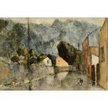 BRITISH SCHOOL (20TH CENTURY) Rainy Day Street Scene with Dog, watercolour, signed with initials '