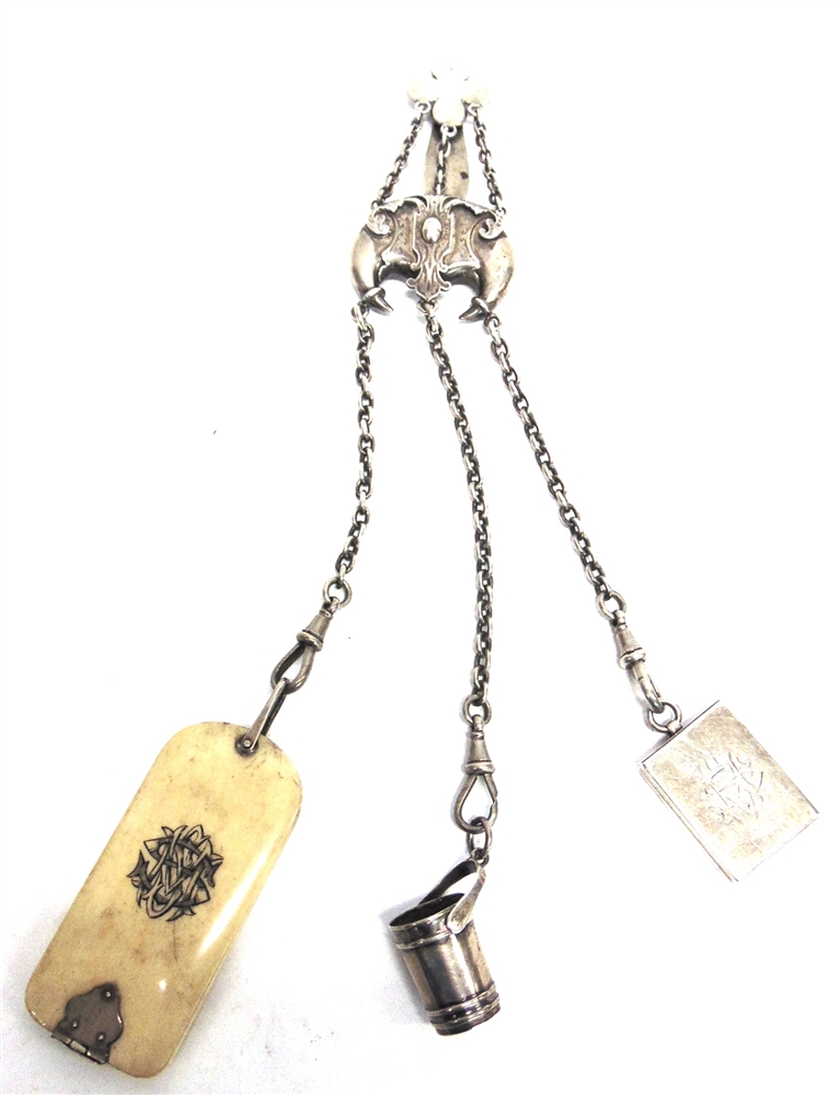A VICTORIAN SILVER CHATELAINE maker H.W.D.? (rubbed), London 1871, the quatrefoil chip with a