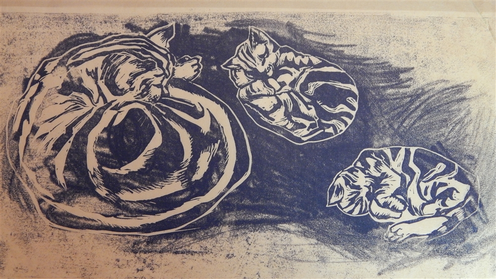 DOREEN DEBENHAM (WIFE OF PERCY DRAKE BROOKSHAW) 'Cat Study' lino cut, signed and dated in pencil