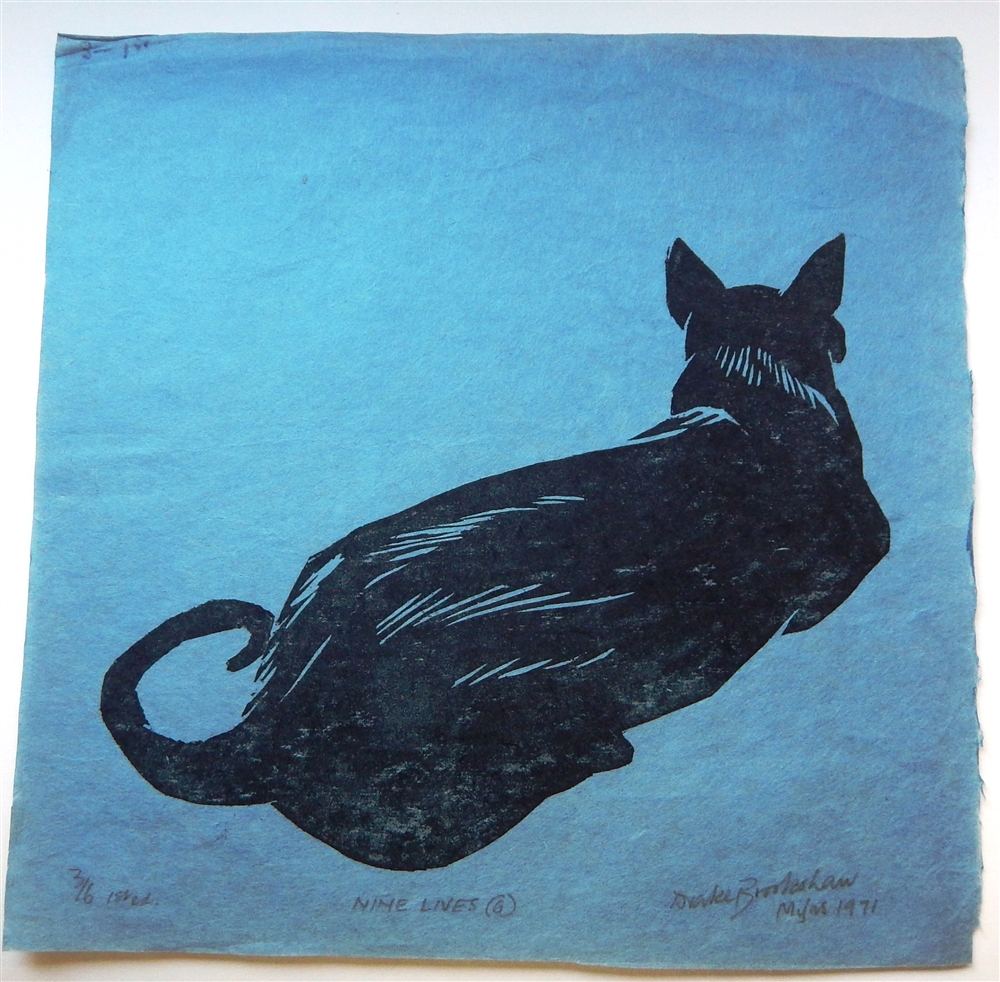 PERCY DRAKE BROOKSHAW (BRITISH 1907 - 1993) 'Nine Lives' lino cut, signed and dated in pencil