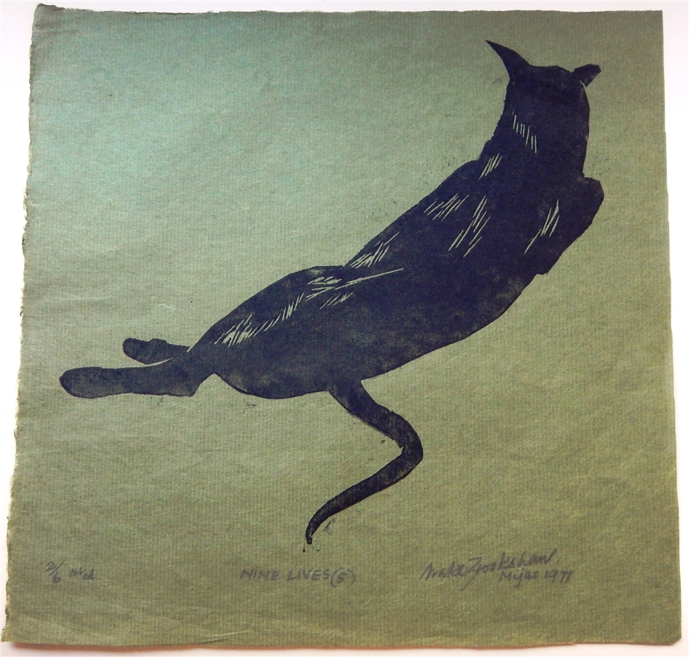 PERCY DRAKE BROOKSHAW (BRITISH 1907 - 1993) 'Nine Lives' lino cut, signed and dated in pencil - Image 2 of 2