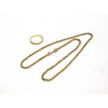 A 9 CARAT GOLD CHAIN OF HOLLOW ROPE LINKS 40cm long, 3g gross; with a 22 carat gold wedding ring,