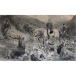 A STAG AT BAY IN A STREAM huntsman on a grey and hounds close by, black & white engraving 80 x 118cm